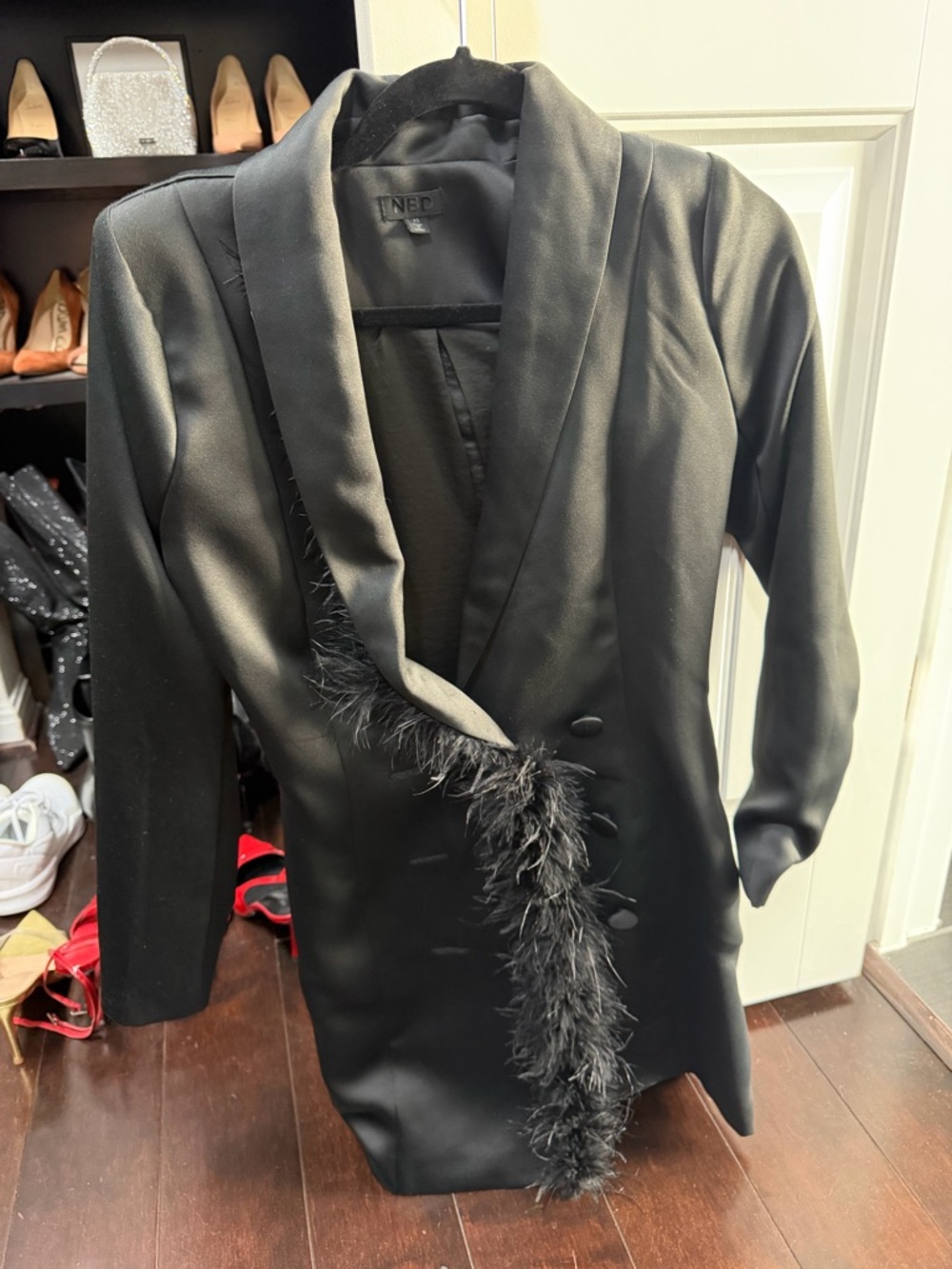 NBD Black Satin Long Sleeve Feather-Trim Blazer Dress